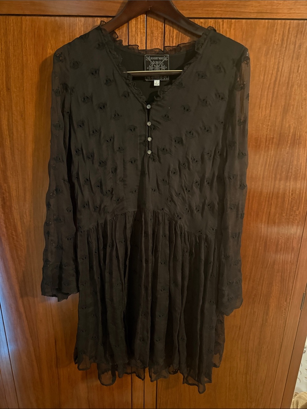 Johnny Was Black Long-Sleeve Embroidered Button-Front Dress